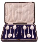 Cased set of six silver Old English pattern tea spoons and tongs, Sheffield 1922, maker's mark