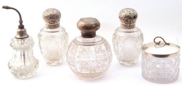 Mixed Lot: pair of Victorian cut glass scent bottles with embossed silver screw on lids, London 1889