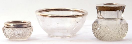 Mixed lot of three glass bowls, each with hall marked silver rims (AF).