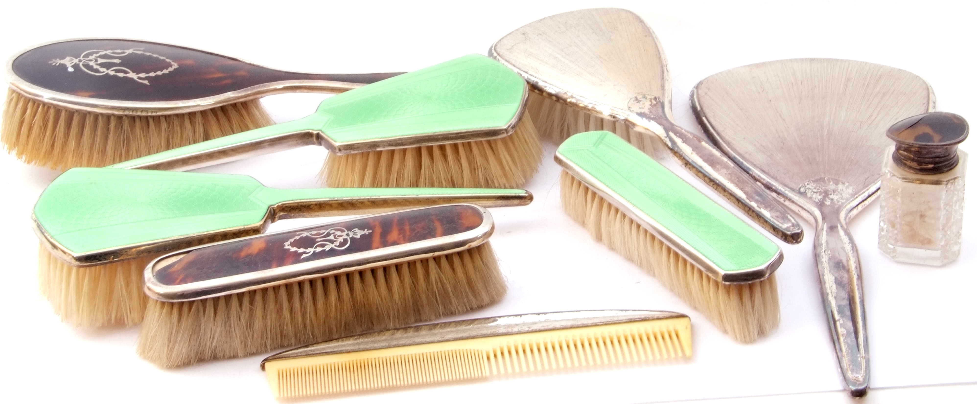 Mixed Lot: dressing table wares to include three piece silver and green enamel brushes, Birmingham