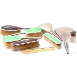 Mixed Lot: dressing table wares to include three piece silver and green enamel brushes, Birmingham