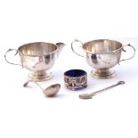 Mixed lot (5). George V silver cream jug and twin handled sugar bowl of circular form with beaded