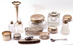 Mixed Lot: two white metal lidded pill boxes, a Victorian condiment spoon with beaded edges and