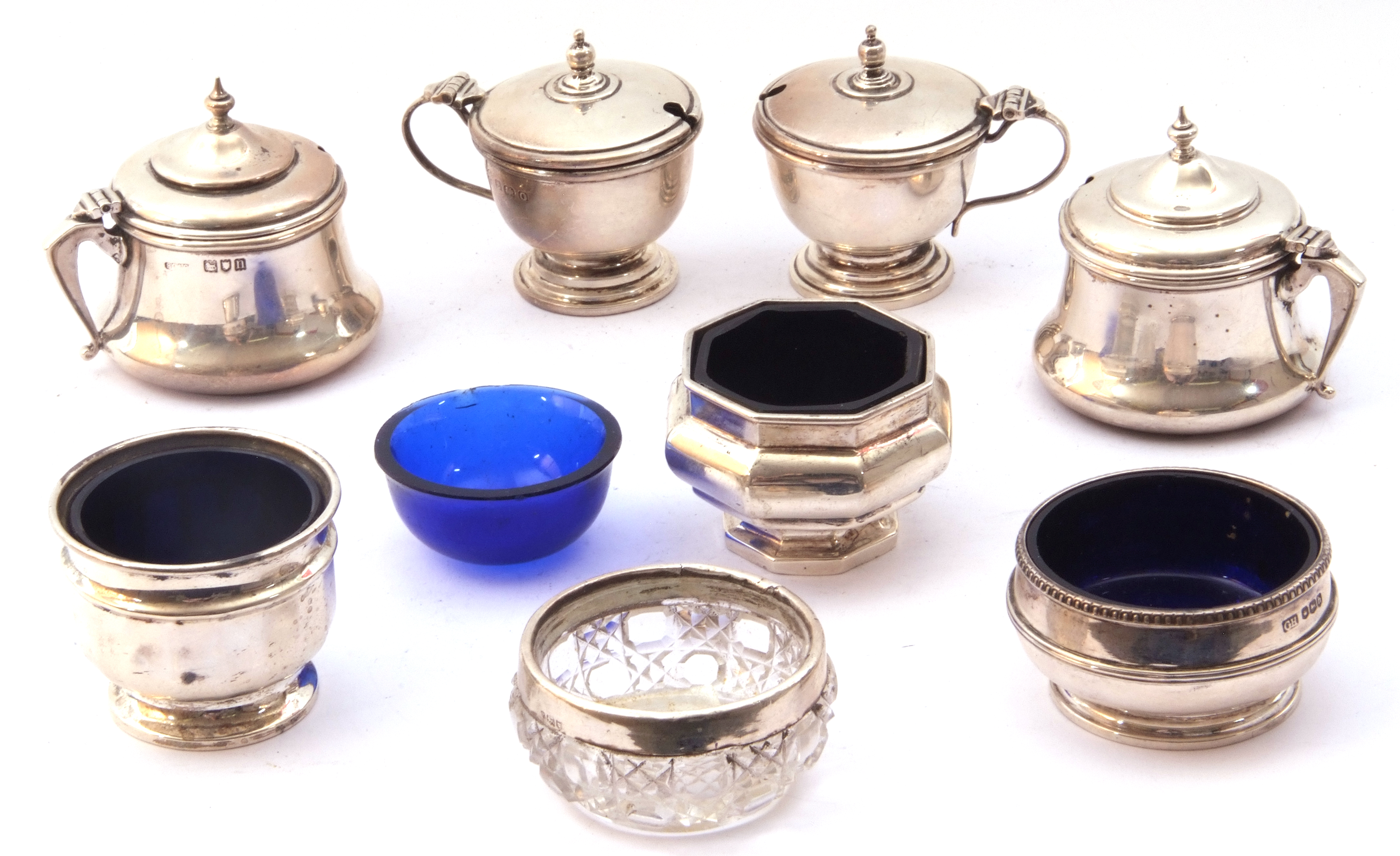 Mixed Lot: Pair of Edward VII silver mustards of squat circular form, urn finials to hinged lids (no