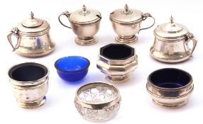 Mixed Lot: Pair of Edward VII silver mustards of squat circular form, urn finials to hinged lids (no