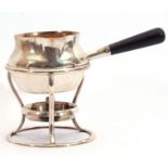 George V silver brandy saucepan warmer on burner stand, having a plain round baluster body, a