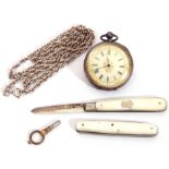 Mixed Lot: last quarter of 19th century ladies white metal cased fob watch with blued steel and gold