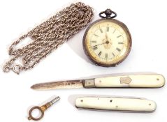 Mixed Lot: last quarter of 19th century ladies white metal cased fob watch with blued steel and gold