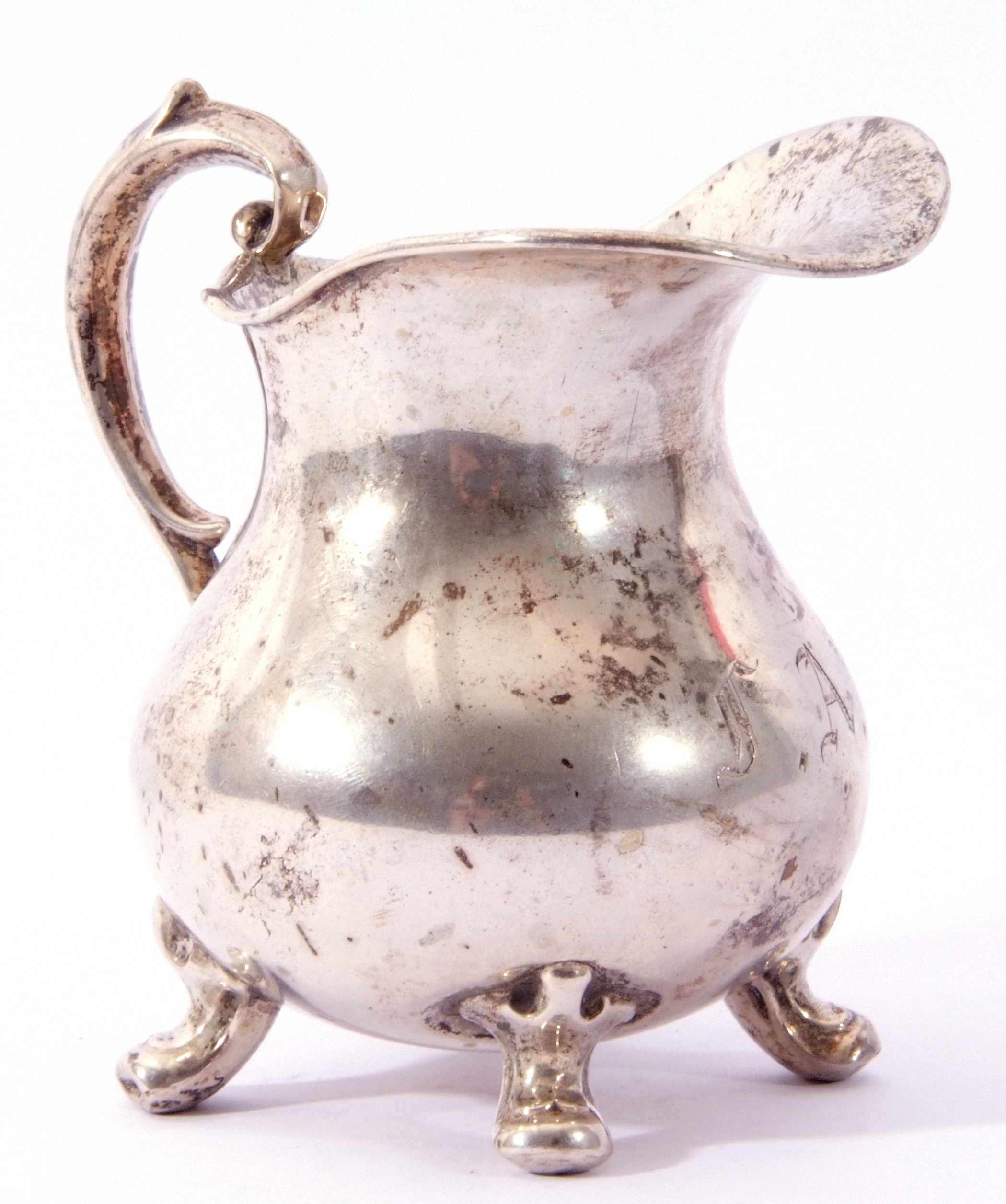 Continental white metal small cream jug of round bellied form with ornate scroll handle, capped - Image 4 of 6