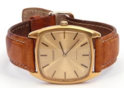 Vintage Tissot stylised quartz wrist watch, 30mm square dial, brushed gold finish with black