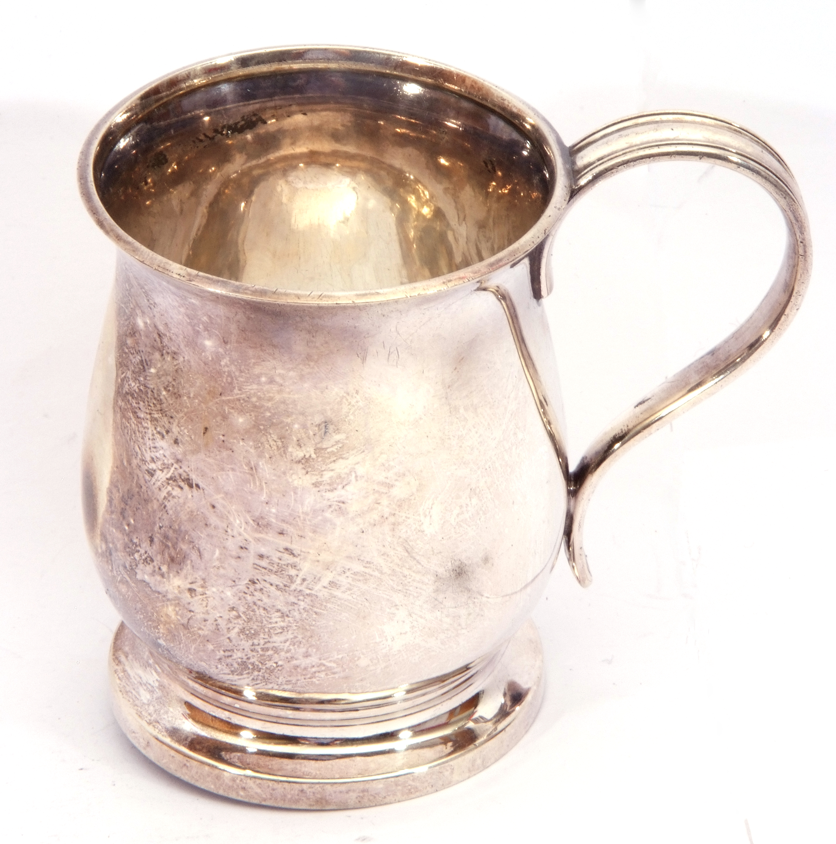 George VI silver mug of plain baluster shape, reeded handle to a raised spreading foot, 8 cm high, - Image 3 of 3