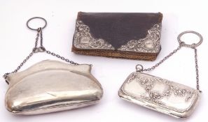 Mixed lot. Edward VII silver dance purse, folding maroon coloured leather interior suspended from an