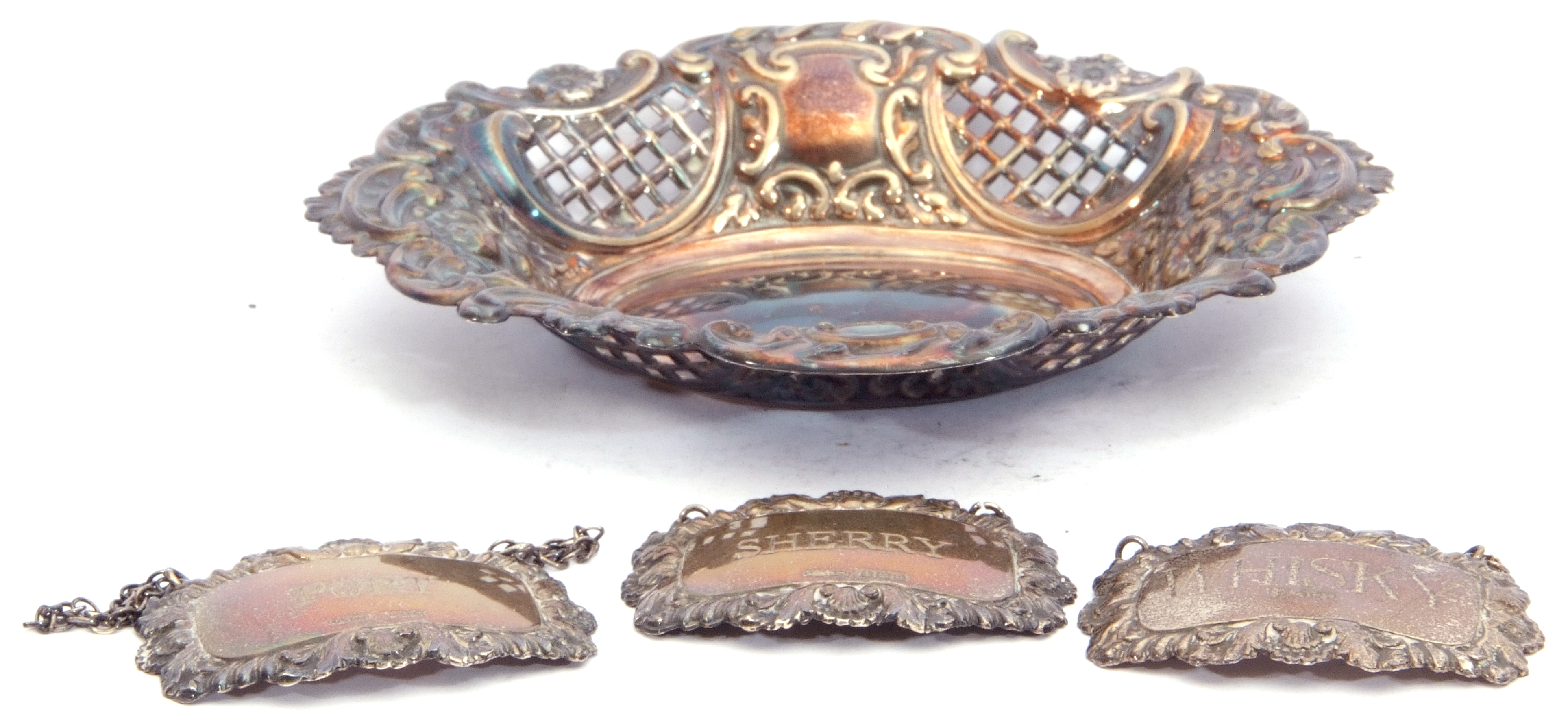 Mixed lot. silver bon-bon dish of oval pierced form, scroll and floral embossed, hall marked - Image 3 of 4