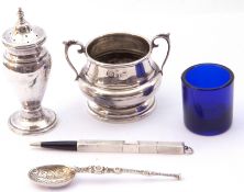 Mixed Lot: Edwardian silver twin handled open salt with later blue glass liner, Birmingham 1904, a