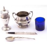 Mixed Lot: Edwardian silver twin handled open salt with later blue glass liner, Birmingham 1904, a