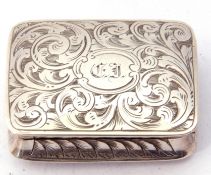 Victorian vinaegrette of rectangular form, elaborately chased and engraved with scrolls, the top