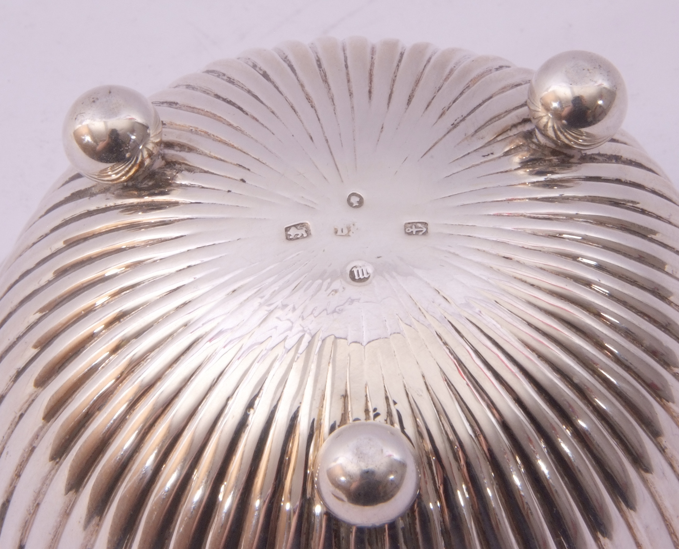 Victorian silver bowl of circular form with fluted body standing on three ball feet, hall marked - Image 4 of 4