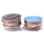 Mixed lot (2). two silver ring boxes of circular form, a blue guilloche enamel lidded example,