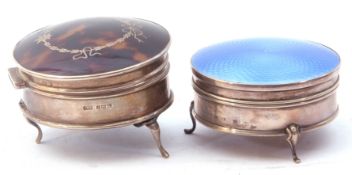 Mixed lot (2). two silver ring boxes of circular form, a blue guilloche enamel lidded example,