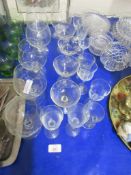 SELECTION OF VARIOUS GLASS WARE INCLUDING BRANDY BALLOONS, CHAMPAGNE SAUCERS ETC