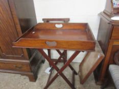 MAHOGANY BUTLER’S TRAY AND STAND PLUS A FURTHER TRAY AND STAND, LARGER TRAY APPROX 48 X 76CM