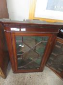 MAHOGANY GLAZED EDWARDIAN CORNER WALL CUPBOARD, WIDTH APPROX 60CM MAX