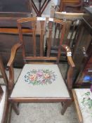 EARLY 20TH CENTURY EMBROIDERY UPHOLSTERED CARVER CHAIR WITH UNUSUAL COLUMN DESIGN TO BACK, HEIGHT