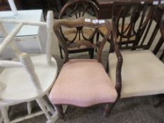 UPHOLSTERED BEDROOM CHAIR ON TURNED LEGS, HEIGHT APPROX 84CM