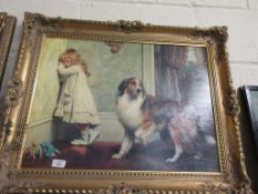 GILT FRAMED OLEOGRAPH DEPICTING GIRL AND A DOG, FRAME WIDTH APPROX 77CM