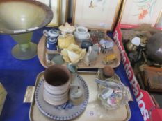 TWO TRAYS CONTAINING VARIOUS CERAMICS INCLUDING MINIATURE HOUSES, JAM POTS ETC