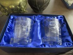 CASED PAIR OF COMMEMORATIVE WHISKY GLASSES ENGRAVED FOR WORSTEAD PARK 2000-2001