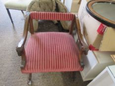 UPHOLSTERED EMPIRE CARVER CHAIR WITH CARVED RAMS HEADS TO ARMS, WIDTH MAX APPROX 60CM