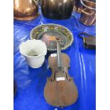 VINTAGE SMALL VIOLIN TOGETHER WITH A PLATTER AND SMALL PLANTER, THE VIOLIN APPROX 52CM MAX