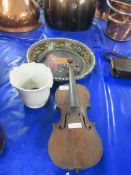 VINTAGE SMALL VIOLIN TOGETHER WITH A PLATTER AND SMALL PLANTER, THE VIOLIN APPROX 52CM MAX