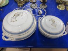 TWO SIMILAR KEELING GILT DECORATED TUREENS, LARGER APPROX 28CM