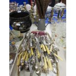 TRAY CONTAINING A LARGE QUANTITY OF BONE HANDLED AND OTHER SILVER PLATED CUTLERY TOGETHER WITH A
