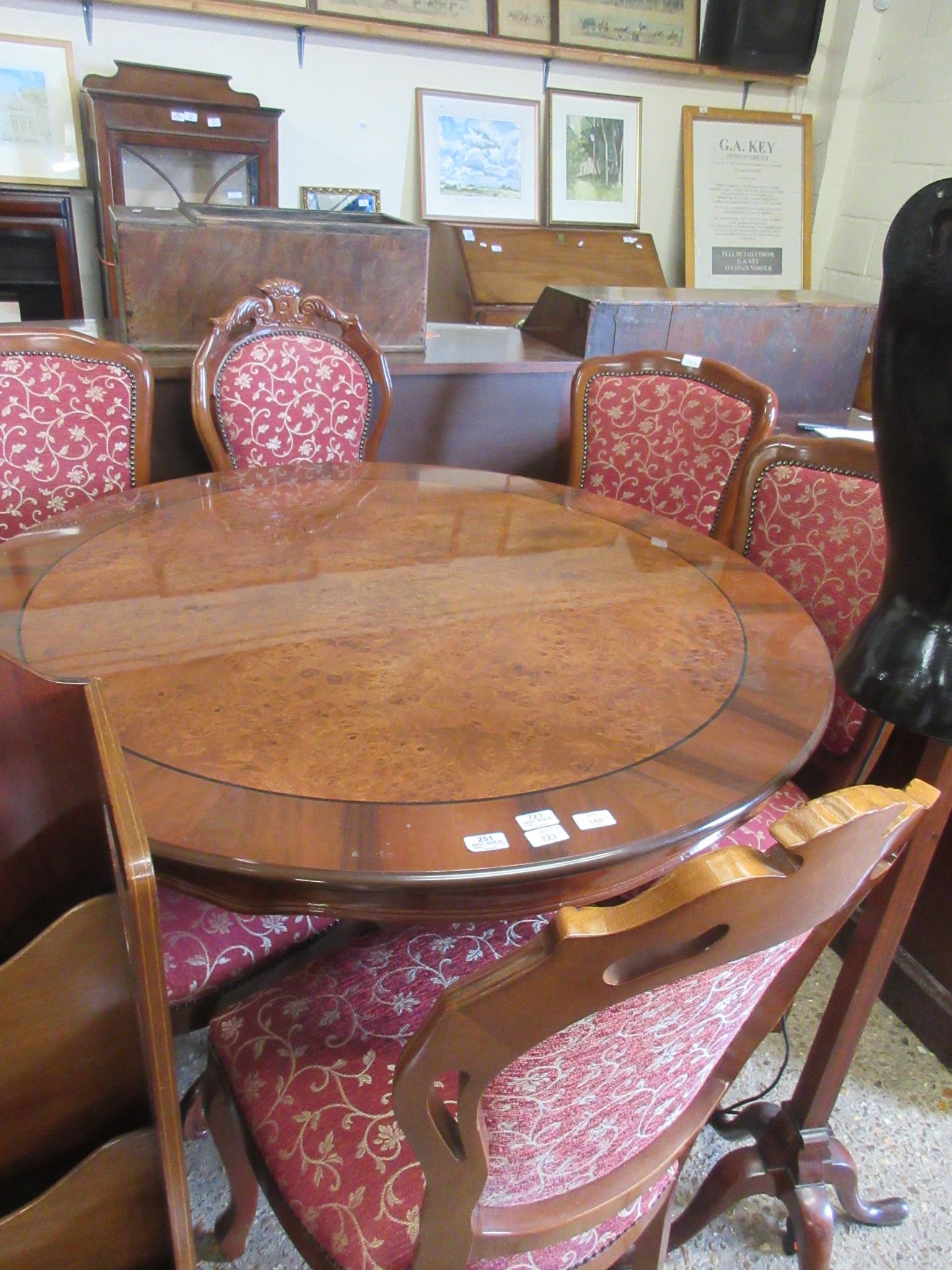 IMPRESSIVE REPRODUCTION CIRCULAR DINING TABLE, DIAM APPROX 120CM, TOGETHER WITH A SET OF SIX