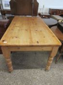 LARGE AND IMPRESSIVE WAXED PINE KITCHEN TABLE, LENGTH APPROX 168CM, WIDTH APPROX 90CM, RAISED ON