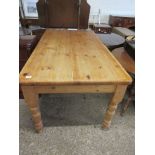 LARGE AND IMPRESSIVE WAXED PINE KITCHEN TABLE, LENGTH APPROX 168CM, WIDTH APPROX 90CM, RAISED ON