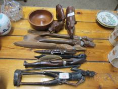 COLLECTION OF VARIOUS TRIBAL WOODEN FIGURES INCLUDING RHINOCEROSES ETC