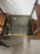 SMALL GLASS TOPPED BRASS FRAMED SQUARE TABLE, WIDTH APPROX 46CM