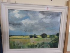 FRAMED OIL ON BOARD, DEPICTING A COUNTRY LANDSCAPE, WIDTH INC FRAME APPROX 48CM “ACLE BRIDGE”