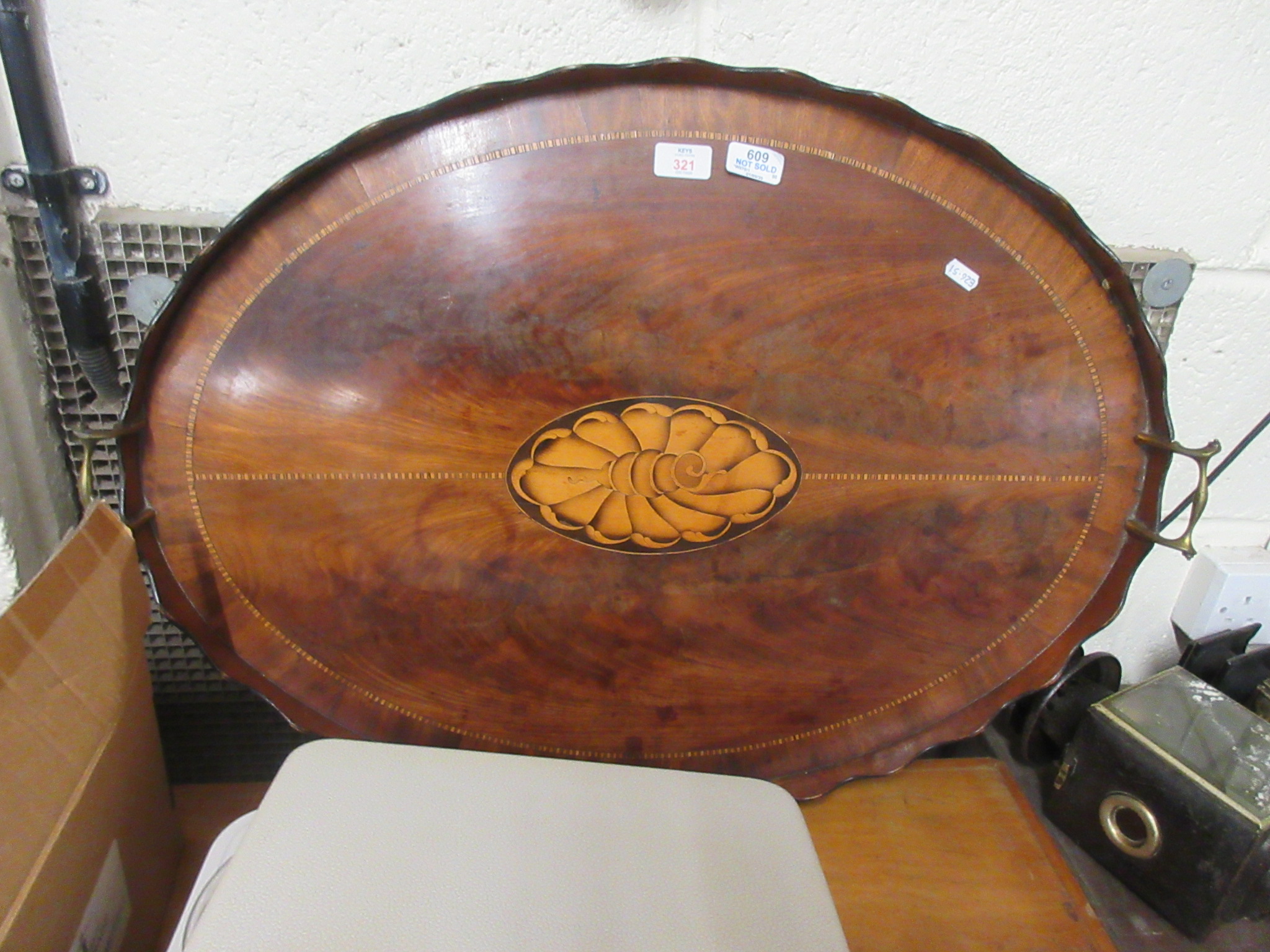 EDWARDIAN INLAID MAHOGANY GALLERY TRAY, APPROX LENGTH 74CM