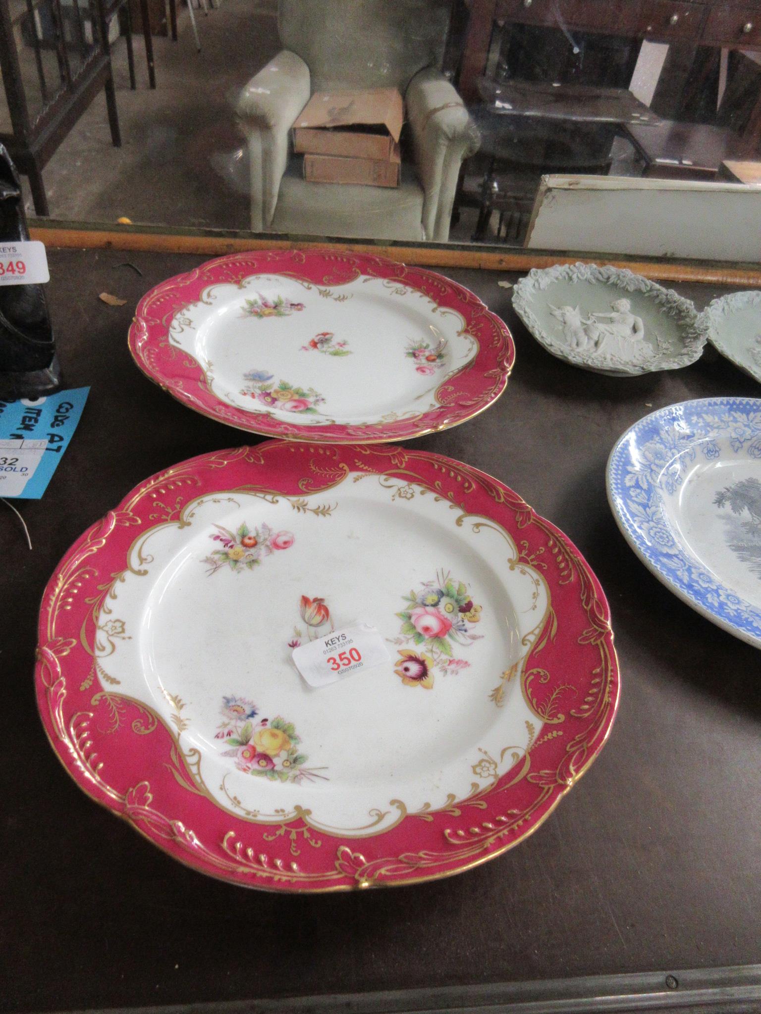 PAIR OF HAND PAINTED FLORAL DECORATED AND GILT FINISHED CABINET PLATES, EACH DIAM APPROX 24CM