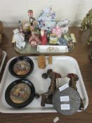 TRAY CONTAINING TWO MOUNTED 19TH CENTURY POT LIDS TOGETHER WITH AN UNUSUAL DINNER GONG ETC