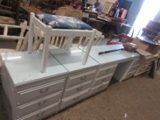 WHITE PAINTED EFFECT BEDROOM SUITE COMPRISING DRESSING TABLE, TWO BEDSIDE TABLES