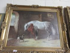 GILT FRAMED OLEOGRAPH DEPICTING HORSES, FRAME WIDTH APPROX 77CM