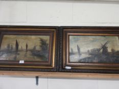 PAIR OF FRAMED OILS ON CANVAS DEPICTING NORFOLK BROADS WHERRY AND WINDMILL SCENES, EACH APPROX 25