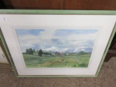 FRAMED WATERCOLOUR DEPICTING A NORFOLK LANDSCAPE SIGNED AND ENTITLED VERSO “NORFOLK FARM”, SIZE