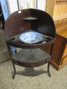 MAHOGANY CORNER WASH STAND INSET WITH A BLUE AND WHITE SPODE TRANSFER PRINTED WASH BOWL, TOTAL FRAME